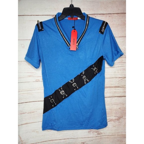 Vento Vassari Blue Zipper Design Slim Fit Zipper Collar Short Sleeve Med Shirt - Picture 1 of 12